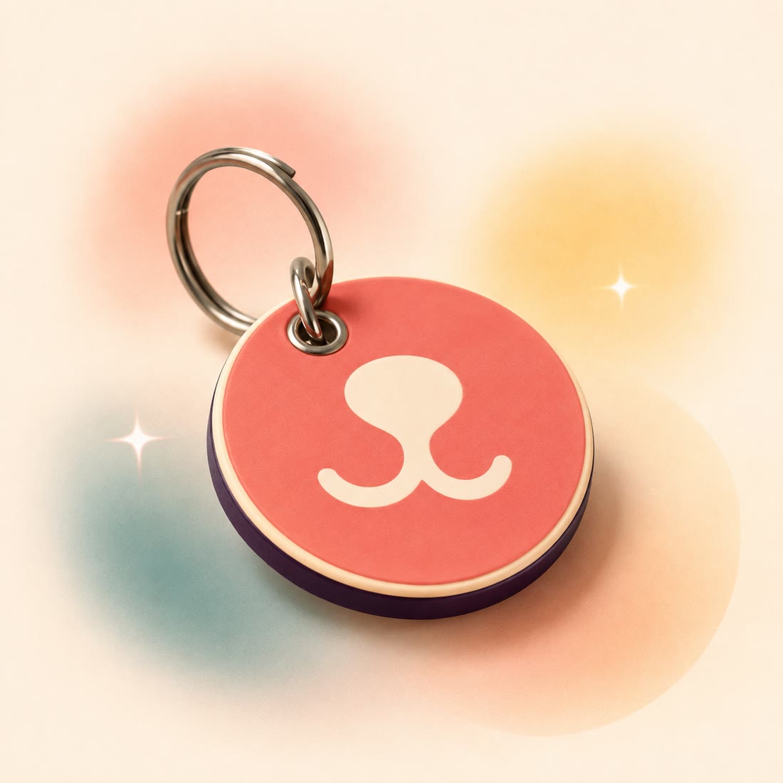 A round coral Snootiki NFC key with the white snoot symbol